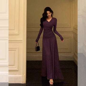 Sheath V Neckline Grape Long Prom Dresses Birthday Outfits Evening Gown SD980